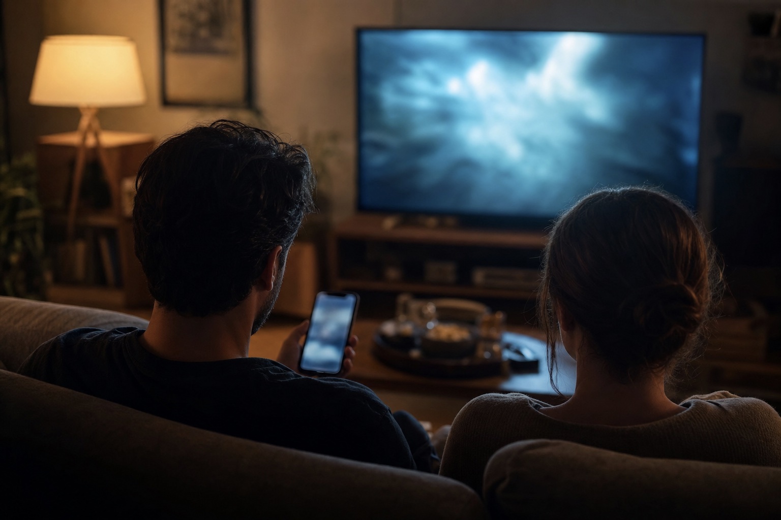 Two adults sit on a sofa in a dim living room at night, seen from behind, watching a glowing television while one of them holds a lit smartphone.