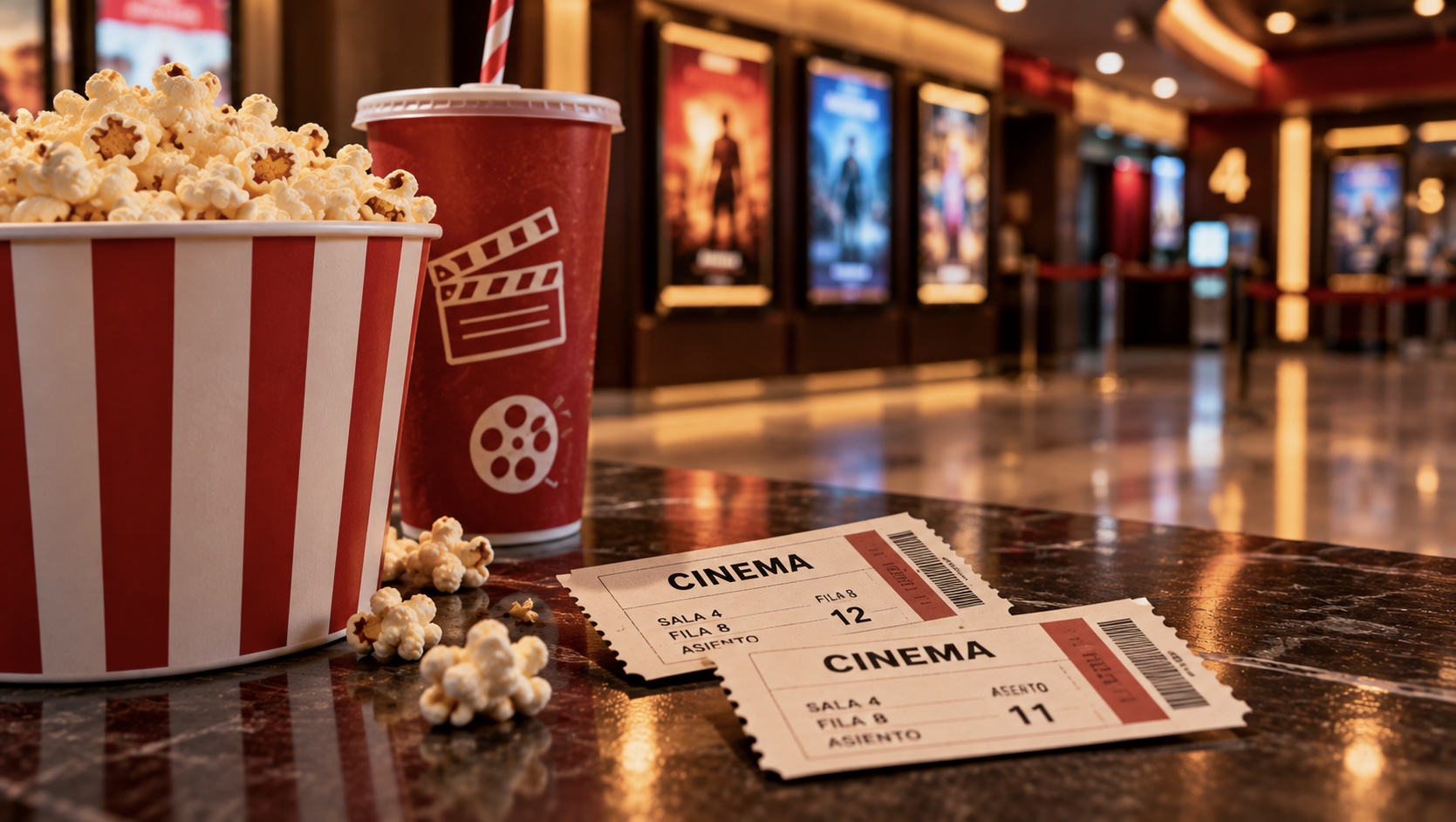 Cinema tickets, popcorn and drinks at a movie theater